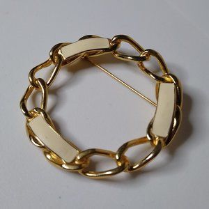 Vintage Monet Metal And Cream Colored Enamel Round Brooch